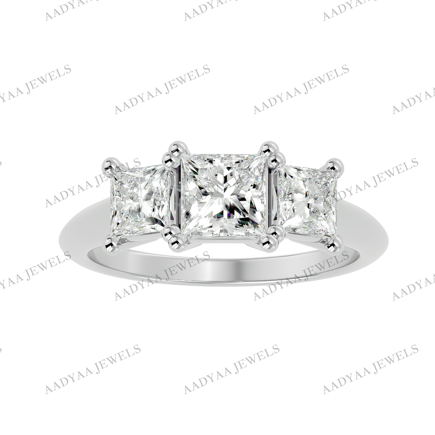 A three-stone diamond ring with a gold band, displayed against a white background.